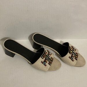 Tory Burch Ines embellished low heel slides.
